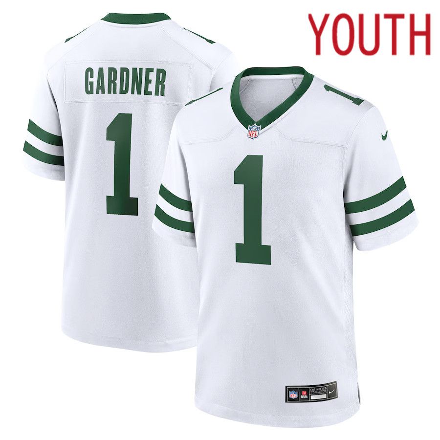 Youth New York Jets 1 Ahmad Sauce Gardner Nike White Legacy Player Game NFL Jersey
